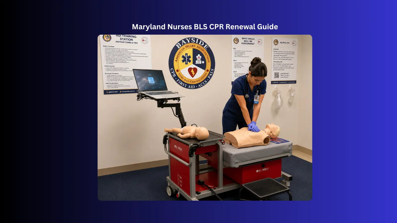 nurse giving cpr on a manikin at bayside cpr training center