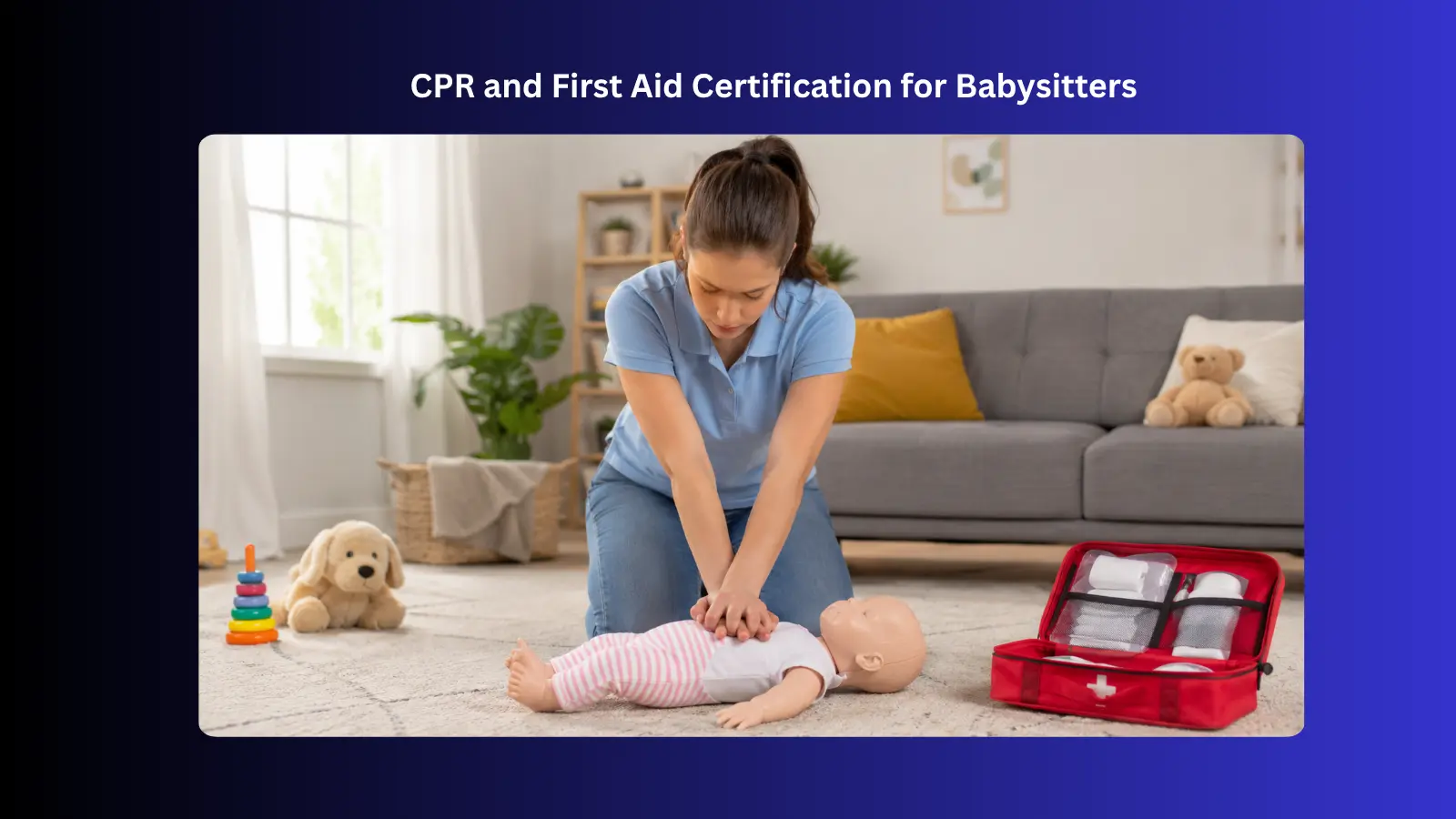 babysitter performing infant cpr chest compressions on a mannequin