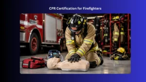 firefighter performing cpr training on manikin indoors