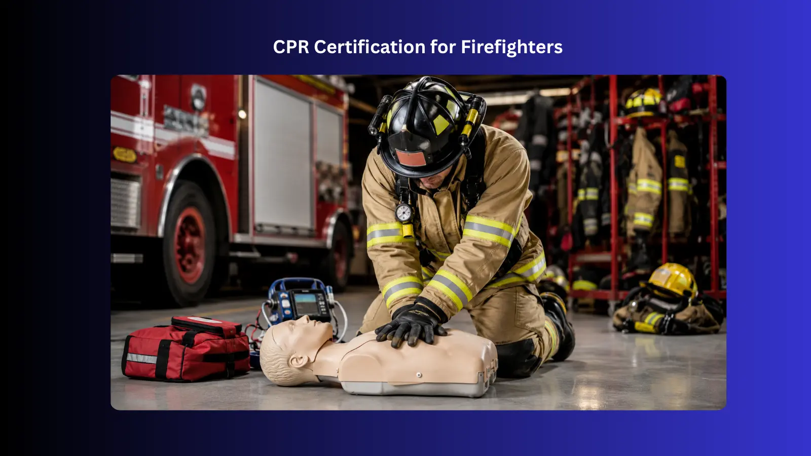 firefighter performing cpr training on manikin indoors