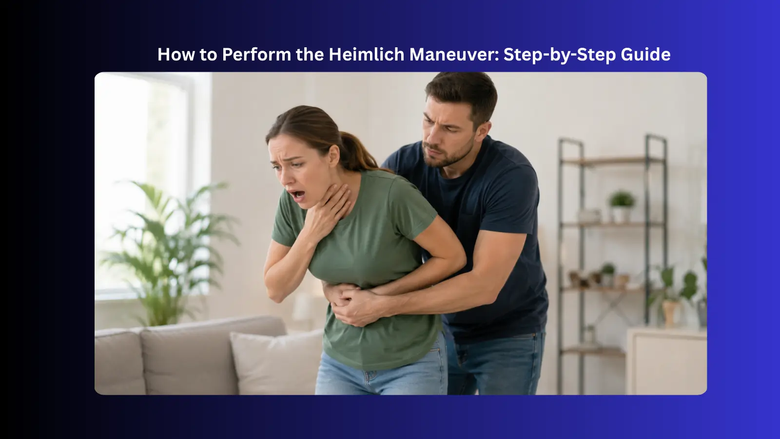 man performing heimlich maneuver on choking woman
